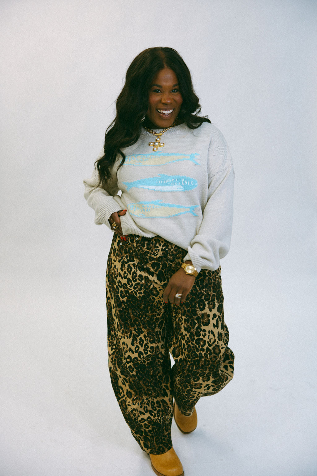 Washed Leopard Printed Barrel Jeans